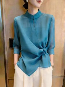 KUNAILIN | Professional Commuter Style Blue Mandarin Collar Tied Waist Blouse