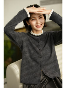 Xhange Wool Cashmere Knitted Open Cardigan Womens Autumn Fashion Commute Style Soft Long Sleeve Color Block Wood Grain Edge