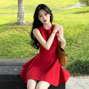 Black Sleeveless Vest Dress Womens Summer Mini A-Line Skirt High Waist Princess Style Pure Color Cotton Blend Fabric