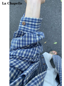 La Chapelle Blue Plaid Long Sleeve Womens Shirt 2025 New Sun Protection Lazy Style French Upper Coat Outerwear Polyester Fiber