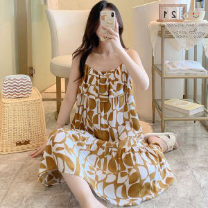 Summer Big Dot Cotton Silk Mid Length Long Length Polka Dot Print Nightdress for Women Outwear Loose Slim Fit Home Night Dress