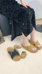 YOTO Womens Peep Toe Sandals Casual Leather Cross Strap Buckle Comfortable Slippers For Women