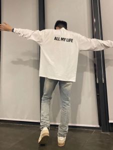White Pure Cotton Long Sleeve T-Shirt Mens Loose Spring Autumn American Trendy Brand Base Shirt Letter Print Top