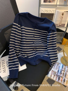 เสื้อคาร์ดิแกนถักลายทางสีบล็อกสไตล์เกาหลีนุ่มสบาย แขนยาว ปกกลม ทรงหลวม ฤดูใบไม้ผลิ 2025 เสื้อผ้าผู้หญิง