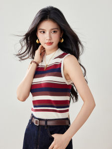 Womens Ice Silk Thin Sleeveless Vest Summer New Style Striped Color Block Inner Wear Tank Top Commute Style Slim Fit Short Length