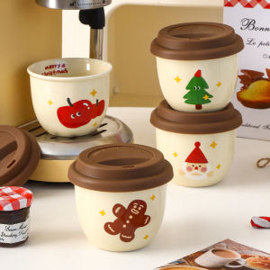 Ceramic Christmas Coffee Cup with Lid Small Cute Portable Mug Nordic Style Hand-Painted Illustration Gift for Girls