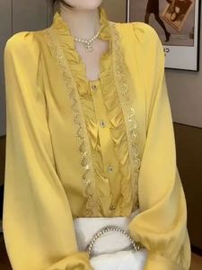 Korean Style Lace Splice Wooden Ear Shirt Womens Summer New Loose Slimming Top Casual Style Long Sleeve Casual Fashion