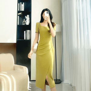 La Chapelle Summer 2024 Slim Fit French Style Formal Occasion Bodycon High Waist Midi Dress Elegant Atmosphere Commute Pure Color