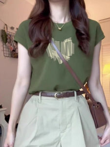 American Style Short Sleeve T-Shirt Womens Summer New Love Heart Print Slim Fit round Neck Top Korean Style Commute Fashion