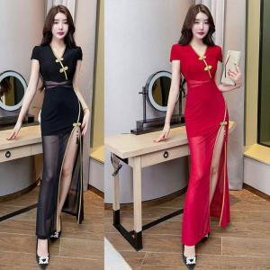 ชุดกี่เพ้าสไตล์จีนย้อนยุค ฤดูร้อน 2024 เสื้อผ้าทำงานสำหรับนักงานนวดเท้า เดรสยาวเซ็กซี่ กระโปรงทรงเอ คอวี แขนสั้น ผ้าโพลีเอสเตอร์