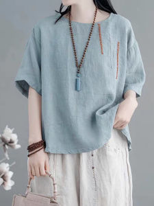 เสื้อยืดแขนสั้นผ้าฝ้ายลินินปักลายสไตล์ย้อนยุคสำหรับผู้หญิง ทรงหลวม ปกปิดหน้าท้อง ทรงเข้ารูป ทรงหลวม ทรงเข้ารูป ทรงเข้ารูป