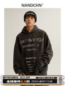 Mens Spring New Vintage Letter Print Hoodie Loose Fit Overhead Jacket Casual Cotton Polyester Blend Youth Trend Street Style