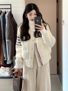 Short Puffer Jacket Korean Style Knitted Splicing Design Casual Stand Collar Fake Two-Piece Outerwear for Women Winter Coat