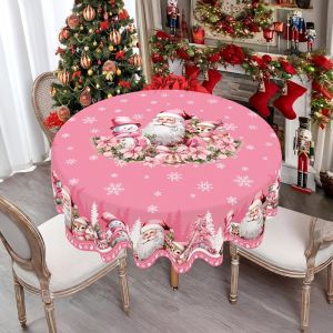 VIKAMA Pink Christmas Round Table Cover Santa Snowman Reindeer Snowflake Cute Xmas Holiday Navidad Dining Round Tablecloth Decor