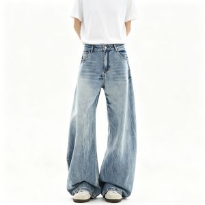 OULUDE | Vintage Faded Washed Blue Mens Jeans Straight Wide Leg