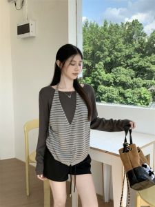 Retro Striped Neck Hanging False Two-Piece Long Sleeve Knitted Sweater Womens Autumn 2025 New Design Sensation Niche Top