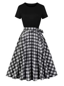 Thời Trang Mùa Hè Nữ Phong Cách Đường Phố Tay Ngắn In Hình Đầm Cao Cấp Giảm Béo Colormatch Váy Midi Cổ Tròn Chui Đầu