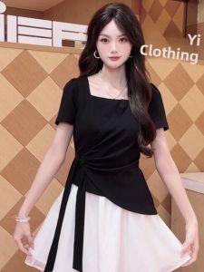 BINKAFENNY | Unique Black Irregular Square Collar T-Shirt Womens Summer Design Sense Beautiful Strap Short Sleeve Top Korean Style Loose Fit