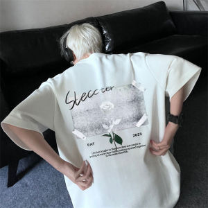 Rose Print Loose Mens Short Sleeve T-Shirt Summer American Retro High Street Style Half Sleeve Casual round Neck Top