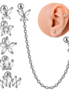 Trendy Stainless Steel Zirconia One-Piece Earrings Womens Simple Chain Studs 0.8mm Thin Rod Couples Star/Cosmos Design