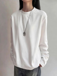 เสื้อยืดคอกลมแขนยาวผ้าฝ้ายแท้สำหรับผู้ชาย Cleanfit Heavyweight ฤดูใบไม้ร่วง ทรงหลวม ปกโปโลสีขาว ทรงหลวม