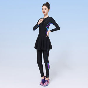 XTEP Conservative Womens One-Piece Swimsuit Long Sleeve Beach Diving Swimming Suit Slimming Tummy Covering 2025 New Arrival