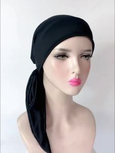 2PCS/LOT Pre-tie Muslim Turban Ethnic Elastic Ribbon Head Scarf Islamic Hat Fashion Beanie Hat Women Female Hijab Turbante