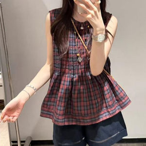 Shalldoer | Casual Style Sleeveless Vest Heavy Embossing Round Neck Color Block Plaid Loose Slimming Summer Top For Women New 2025