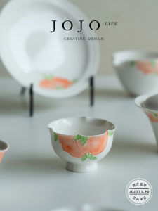 JOJOS L. Hand-Painted Ceramic Tea Cup with Underglaze Powdered Peach Blossom High Footed Cup for Gongfu Tea Set Straight Curved