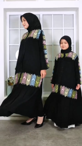 Abiyyuco TA9067 | Gamis Abaya Couple Ibu Anak Perempuan Remaja Bahan Jetblack Wolfis Hitam Bordir Payet