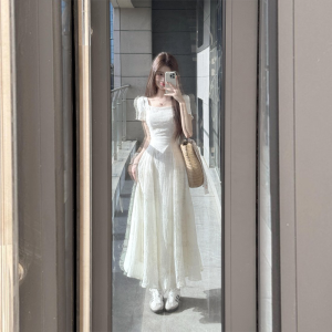 French Sweet First Love Square Collar Dress Summer New High Sensation Gentle Atmosphere Waist Cinching Slimming Fairy Skirt