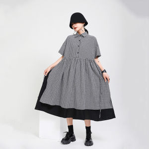 Summer 2023 Womens Plaid Patchwork Black Mini Dress Irregular Hem Short Sleeve Single Button Street Style Midi Skirt Dress