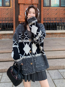 Gray Knitted Lace Sweater Coat Womens Fashionable Autumn New Splicing Tassel Atmosphere Cardigan Top Vintage Style Loose Fit