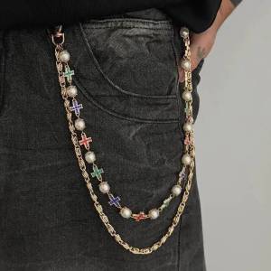 SHIXIN Punk Exquisite Imitation Pearls Rhinestone Chain Pendant Cross Keychain Men Rock Waist Belt Bag Pants Chain Jeans Jewelry