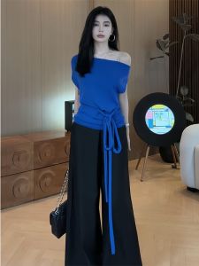 เสื้อถักสีน้ำเงินสไตล์เกาหลีไซส์ใหญ่ ทรงเข้ารูป สายเดี่ยว แขนกุด สำหรับผู้หญิงในช่วงฤดูร้อน เสื้อคลุมกันหนาวแบบสวมหัว