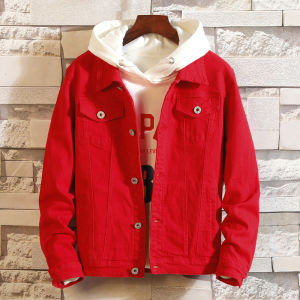 Fashionable Spring Denim Jacket Mens Red Lucky Year Outerwear Traditional Chinese Zodiac Theme Casual Long Sleeve Coat