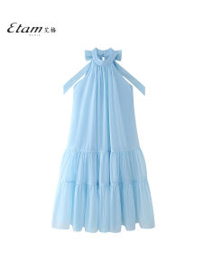 Váy Mùa Hè Màu Xanh Lam Cổ Treo Cho Nữ Váy Chữ a Đi Biển Váy Mùa Hè Không Tay Cổ Tròn Váy Chữ a Cạp Cao Bằng Polyester