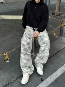 Light Camouflage Workwear Pants Mens American Trendy High Street Loose Leg Jeans Multiple Pockets Casual Straight Wide Leg Pants