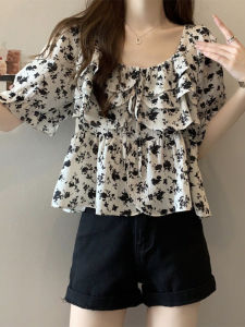 Plus Size Womens Summer Clothing Fat Sister Fashion Temperament Youthful-Looking Floral Chiffon Shirt Slim Looking Square Collar Lace up Tops Short Sleeve