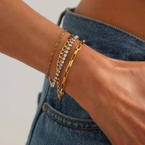 Ingemark 4Pcs/Set Luxury Rhinestones Stainless Steel Bracelet Women Vintage Multi Layer Stackable Cuban Chain Bangle Waterproof