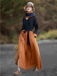 Retro Ethnic Style Cotton Linen Womens Dress Loose Slimming Base Layer Skirt Long Sleeve Commute Artistic Pure Color Autumn New Arrival