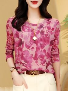 Elegant Long Sleeve Printed T-Shirt Womens Spring Autumn Slim Fit round Neck Breathable Cover up Thin Film Top Korean Style