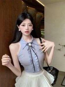 GUZILIAN | Elegant Pure Desire High Waist Blouse Sleeveless Slim Fit Shirt With Half Skirt Two Piece Set For Women Summer Commute Style