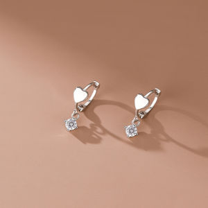 European Luxury 999 Pure Silver Heart Shaped Diamond Pendant Clip on Earrings Womens Fashion Jewelry Non-Removable Hoops