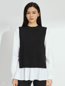 Brother Amash Spring 2025 round Neck Ice Silk Knitted Top Sleeveless Split Vest Womens Fashion Commute Straight Tube Nylon