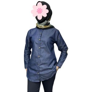 Blue denim cotton full button shirt for women plain comfortable fashion blouse suitable for formal and casual occasions.