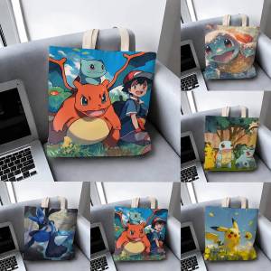 Bandai | Pokemon Alola Starters Storage Bags Tote Bag Travel Summer Beach Shoulder Bag Reusable Grocery Shopping Bag Anime Artwork