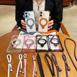 For iPhone 17 Pro Max Air 16 Pro 15 14 13 12 iPhone 11 Case with Ring KickStand [Compatible with Magsafe] Clear Military Drop Protection Cover with Crossbody Strap Lanyard Magnetic Case