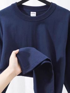 Heavyweight 300g Pure Cotton Long Sleeve round Neck T-Shirt Mens White Enhancing Dark Blue Simple Inner Wear Rare Tone