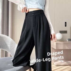 Ice Silk Wide Leg Pants Womens Summer Thin High Waist Draped Chiffon Cool Pants Green Narrow Straight Casual Suit Pants